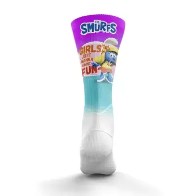 Meia colorida dos Smurfs com Smurfette e texto