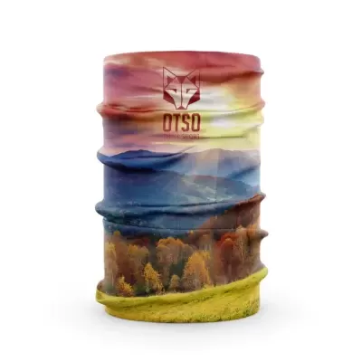 Tubo multifunções com padrão de paisagem natural colorida e logótipo OTSO UV STORY