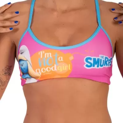 Top de biquíni rosa e azul com personagem Smurfette e texto dos Smurfs