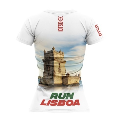 T-shirt branca com Torre de Belém e texto RUN LISBOA