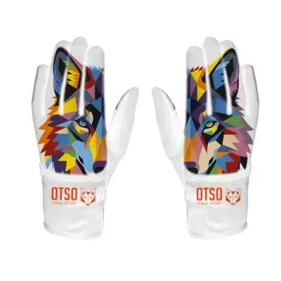 Luvas brancas com estampa colorida de rosto de lobo e logo OTSO THINK SPORT