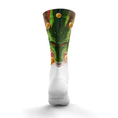 Meia branca com dragão verde e esferas douradas