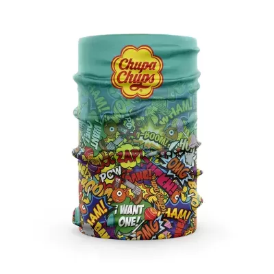 Cachecol tubular azul e colorido com logótipo Chupa Chups