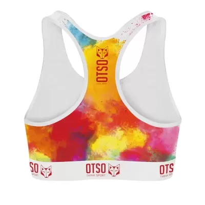 Top desportivo feminino com padrão colorido abstrato e faixa branca com logótipo OTSO
