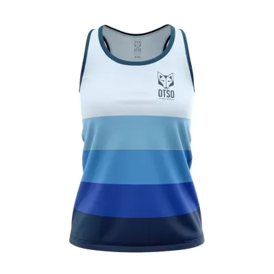 Camisola de desporto feminina azul com faixas horizontais e logótipo OTSO