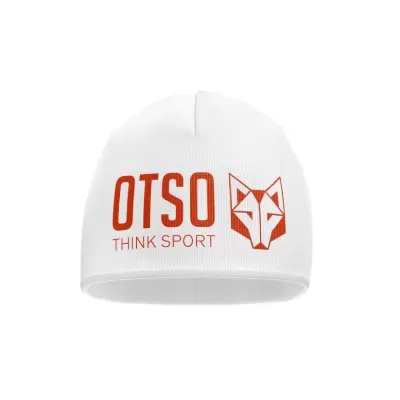 Gorro branco com texto OTSO THINK SPORT e logo de lobo vermelho