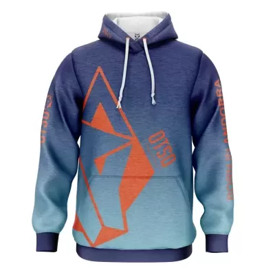 Sweatshirt com capuz azul com degradé e gráficos geométricos laranja