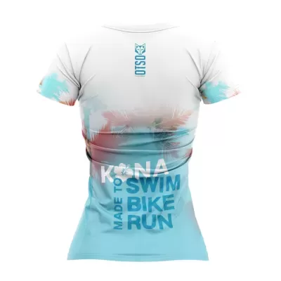 T-shirt atlética feminina branca e azul claro com texto no verso