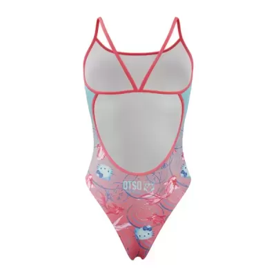 Fato de banho feminino rosa com padrão floral e Hello Kitty