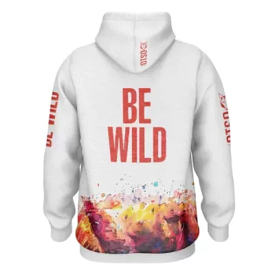 Sweatshirt branca com texto vermelho e design colorido abstrato na parte inferior