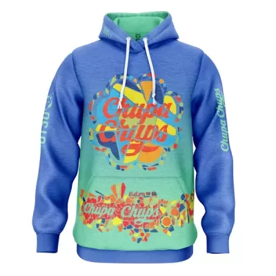 Sweatshirt azul e verde claro com padrão colorido e texto Chupa Chups