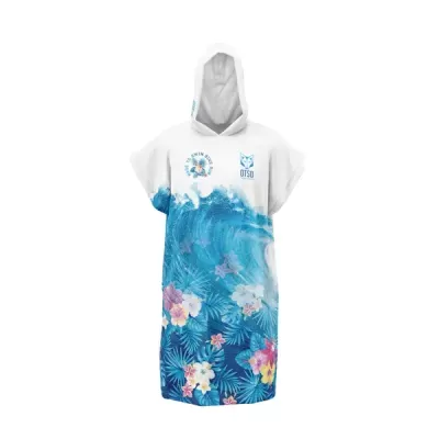 Robe com capuz branco e azul com padrão de onda e flores tropicais