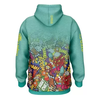 Sweatshirt verde-azulado com padrão de banda desenhada colorido e texto em amarelo