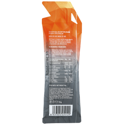 Pacote de produto alimentar laranja e cinzento com texto e código de barras