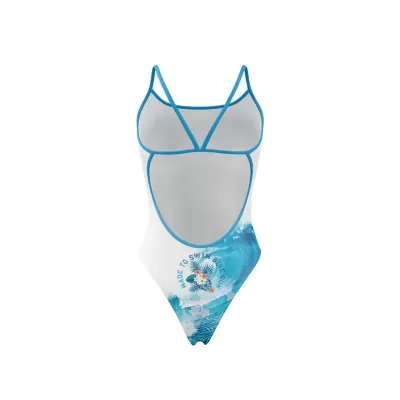 Fato de banho feminino branco com detalhes azuis e estampa azul claro com golfinhos