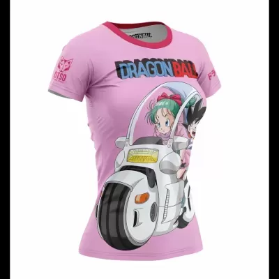 T-shirt rosa manga curta com estampa Dragon Ball e personagens em motocicleta