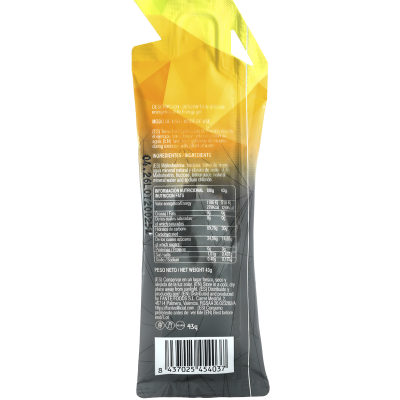 Embalagem pack flexível amarelo e preto com infos nutricionais e ingredientes