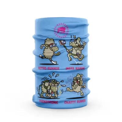 Bandana azul claro com desenhos de cães e textos em vermelho