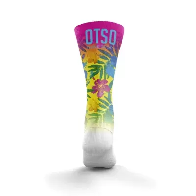 Meia colorida com estampa floral e texto OTSO