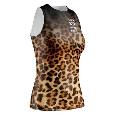 Camiseta desportiva sem mangas com padrão animal de onça e logotipo OTSO