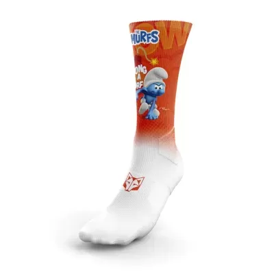 Meia desportiva branca e laranja com estampa dos Smurfs