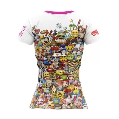 T-shirt branca com estampado colorido de emojis nas costas