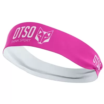Faixa desportiva rosa com texto e logotipo branco