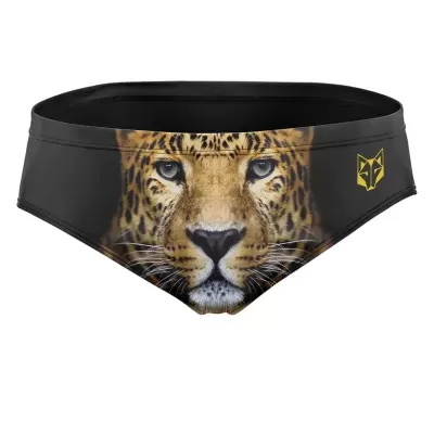 Cuecas de banho pretas com estampa de leopardo e logótipo amarelo