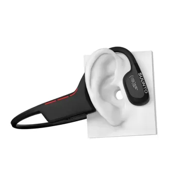 Suporte auricular preto com auricular preto com texto SUUNTO