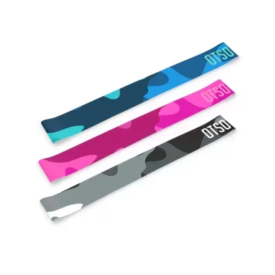 Três faixas elásticas camufladas em azul, rosa e cinza com texto OTSO
