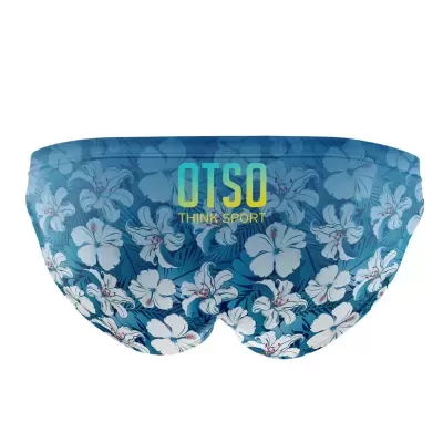 Cuecas de banho azuis com padrão floral branco e texto OTSO THINK SPORT