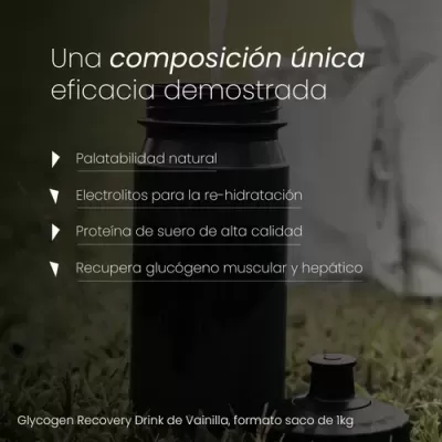 Frasco preto de bebida desportiva com tampa aberta sobre relva, com texto promocional em espanhol