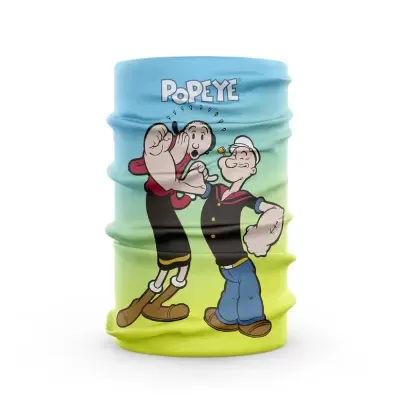 Capa tubular para rosto com estampa dos personagens Popeye e outro personagem, em azul, verde e amarelo