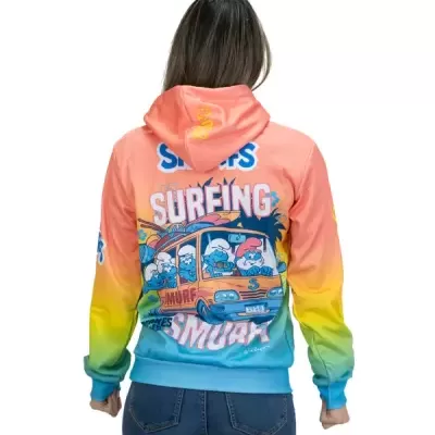 Camisola com capuz Smurfs com cores degradadas e estampa de surfe vista de costas