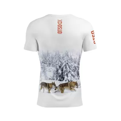 Camisola branca com estampa de floresta e lobos na parte de trás