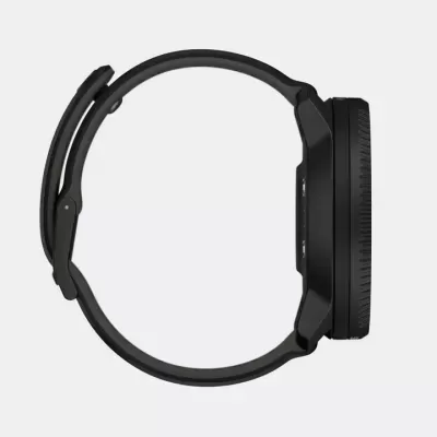 Relógio inteligente preto com bracelete em silicone e visor circular