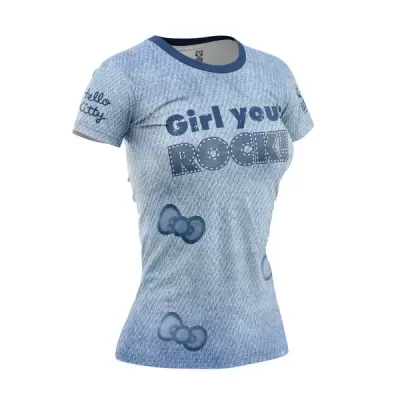 T-shirt feminina azul com estampado Girl you ROCK! e laços Hello Kitty
