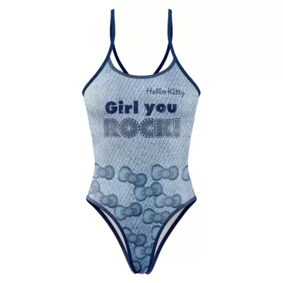 Fato de banho azul com texto e padrões de lacinhos