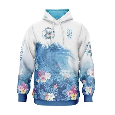 Sweatshirt branca e azul com padrão de ondas e flores tropicais