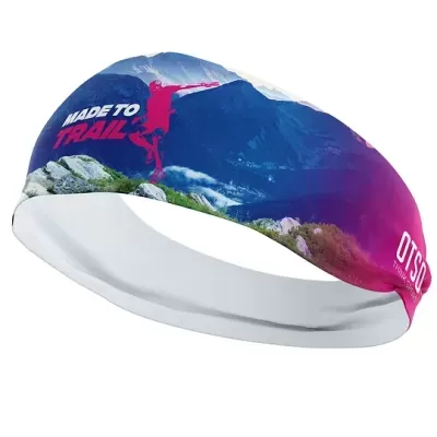 Bandana desportiva colorida com texto e padrão de montanhas