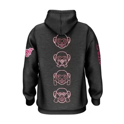 Camisola preta com capuz e macacos rosa nas costas
