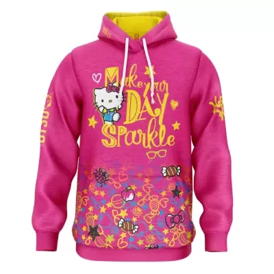 Sweatshirt rosa com capuz amarelo com estampas e texto coloridos