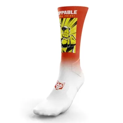 Meia desportiva branca com parte superior laranja e design de banda desenhada
