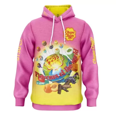Sweatshirt capuz rosa e amarelo com estampado de doces e texto Chupa Chups