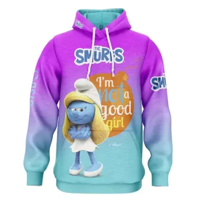 Sweatshirt com capuz lilás e azul com estampa Smurfette e texto dos Smurfs