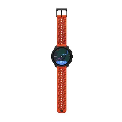 Relógio inteligente com bracelete laranja e mostrador circular a cores mostrando navegação