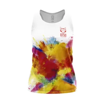 Camisola regata branca com padrões coloridos e logótipo OTSO