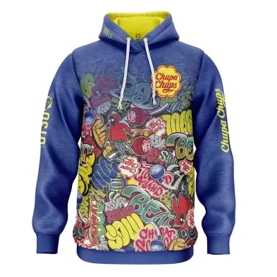Sweatshirt azul com capuz amarelo e estampado Chupa Chups colorido