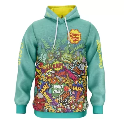 Camisola com capuz verde água e estampado colorido estilo banda desenhada com logótipos Chupa Chups