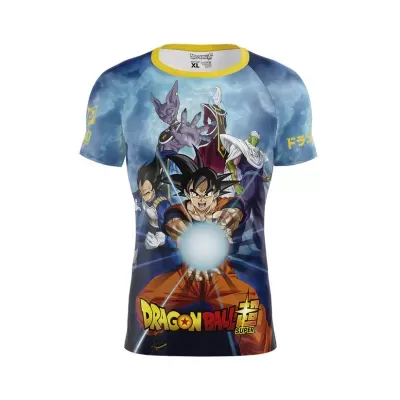 T-shirt Dragon Ball Super azul com personagens do anime e texto colorido no peito